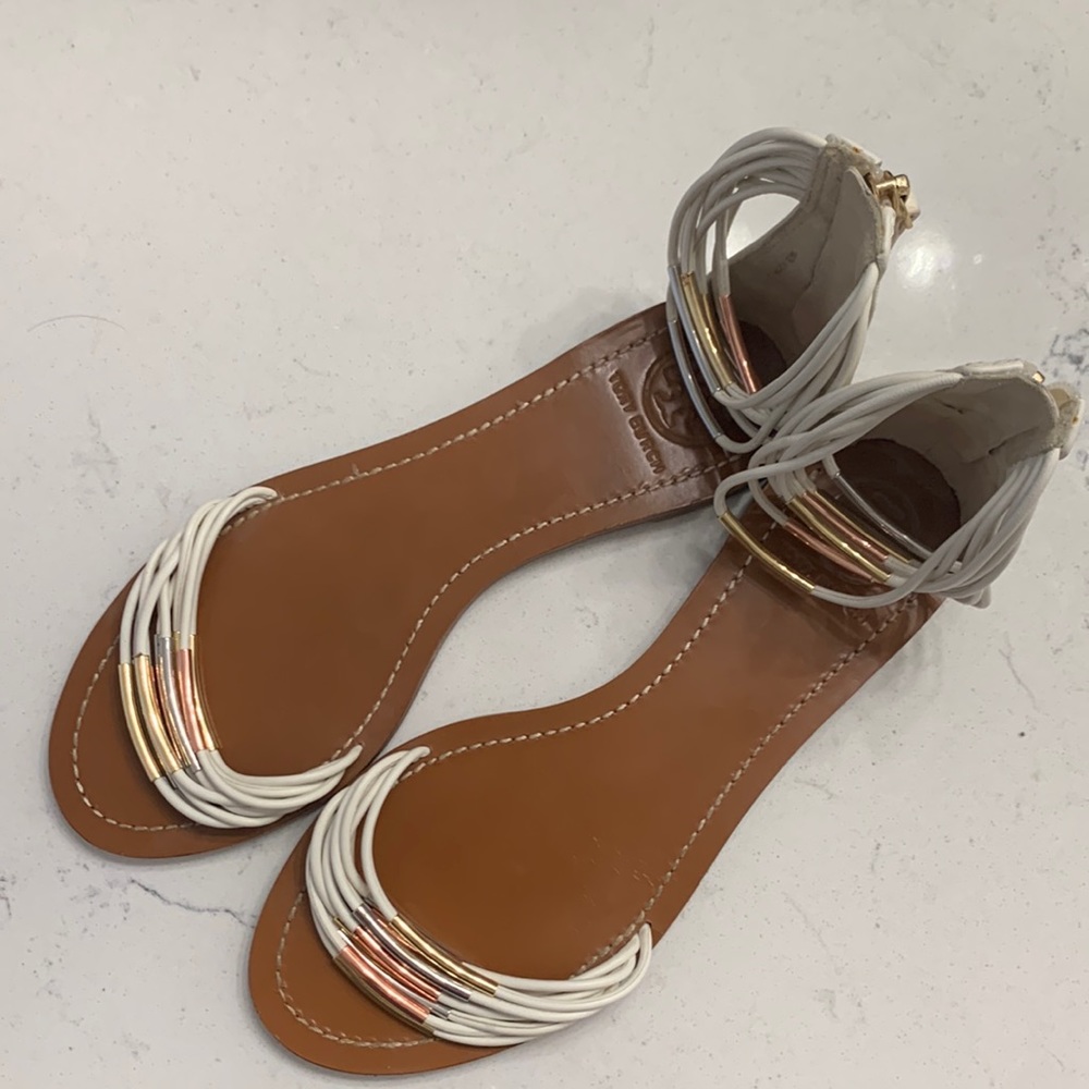Tory burch white ankle sandals with Tri color metal hardware size 9
